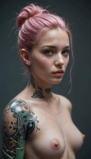 ((Asian cyborg girl with helmet blended into head:1)), (transparent neon pink and green robotic arms), robotic skeleton with visible plasma robotic organs, human face with many face scars and many tattoos, hair tied back, <lora:PAseer-SDXL-Transparent Robot:.5>