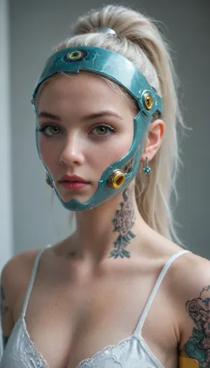 zoomed out full body portrait, ((Asian cyborg girl wearing plasma motorcycle helmet:1)), (plasma pink and plasma green robotic arms), (plasma red and plasma yellow robotic legs), (plasma blue robotic feet), robotic skeleton with visible plasma robotic organs, human face with many face scars and many tattoos, platinum hair in high ponytail, <lora:PAseer-SDXL-Transparent Robot:.5>