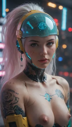 zoomed out full body portrait, ((Asian cyborg girl with human face and lights on helmet:1)), (neon pink and neon green robotic arms), (plasma red and plasma yellow robotic legs), (plasma blue robotic feet), robotic skeleton with visible neon robotic organs, many face scars and many tattoos, platinum hair in high ponytail, <lora:PAseer-SDXL-Transparent Robot:.5>
