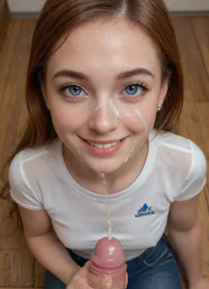 (Full lateral motion view from above:3), Petite skinny pale 18yo spanish woman in a sauna, (cumshot facial, mouthful of cum:2.1), wet t-shirt after piss session, cumplay with fingers and tongue, kneeled, wet redhead ponytail hair, tanlines, very wet skin, detailed blue eyes, (slightly smiling:2), tight jeans, adidas snickers, NEGATIVE_HANDS, from below, flat, chested, <lora:add-detail-xl:2>, <lora:flat_chested_v3.5:.8>, <lora:piss_in_mouth_deepmind:.8>
