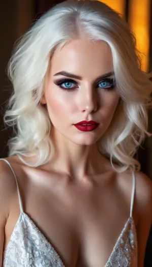 ziprealism, (smug, expressive eyes, breathtaking eyes, mesmerizing eye contact), (silky hair, brilliant white hair, stark white hair, stylish hairstyle), (vivid lipstick, heavy eyeshadow, dark eyeshadow, bold eyeliner:1.4), (sharp chin, chiseled cheekbones, triangular face, full lips), (medium closeup, professional lighting, award winning portrait, tight focal length, rule of thirds framing:1.2), (sharp focus, focus on eyes, perfect eyes), (crystal blue eyes, catchlights, detailed eyes, limbal ring), (subtle freckles and skin imperfections:.4), posing in front of sunny window, streaming sunlight, godrays, sexy red negligee, cleavage, natural skin texture, soft bokeh, <lora:add-detail-xl:.8>