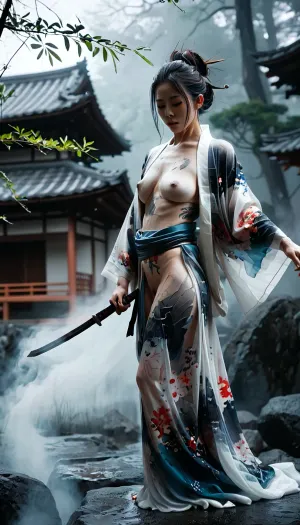photorealistic, (masterpiece, ultra-detailed:1.4), (photo by Hegre in the style of Met-Art:1), The samurai woman wielding a long Japanese sword, Enveloped in the mist that obscures vision, Revealing a vivid and otherworldly scene, The clarity of the sword's slash against the hazy background, Mysterious Background, The white fox's sharp gaze met the viewer's, A layer of ethereal mist shrouding the foreground, Piercing, clear eyes, An exquisite and detailed open kimono, Dramatic lighting and colorssuspense, (full body shot), piercing, ultra, details, grim, highly detailed, drkms, <lora:cfg_scale_boost:1.4>, <lora:MJ52:.9>, <lora:Microwaist_XL_v01:1.9>, <lora:LCMTurboMix_Euler_A_fix:2>, <lora:DarkGrimFantasyXL-000004:.5>
