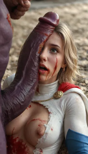 (score_9, score_8_up, score_7_up, masterpiece, high quality, cinematic, 8k, UHD, high realism, highest detail, natural lighting), artstation, (epic realism:1.1), (HDR:1.1), intricate details, photorealistic, Powergirl from DCU, 30yo, (wearing Powergirl uniform with cape), Mauve male Thanos, (Thanos from DCU:1), ((the head of the massive cock kissin the ass entrance)), (Thanos with giant cock out), ((huge massive cock:1.5)), (Powergirl is uncounsious), ((Powergirl is laying on the ground)), (female is defeated), (she is knocked out), (((one eye wide open and one eye is closed))), (((lot of blood is dripping from her mouth:1.9))), (((hematomas on face:1.9)), (contusion on face:1.9), (thick tears:1.8)), (black eye:1.9), ((desperate expression)), Blood_Covered, <lora:add-detail-xl:.8>, <lora:CinematicStyle_v1:.8>, <lora:MJ52:1.1>