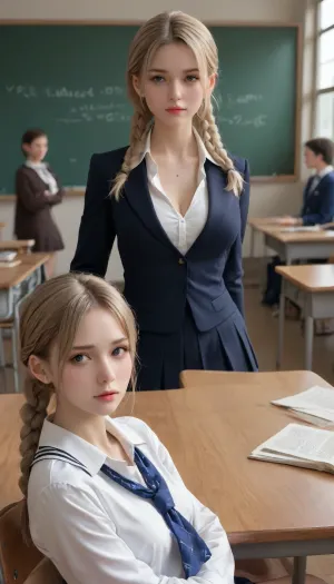 Classroom filled with 18 yo schoolgirls, blonde braided hair, tanned skin, insanely beautiful, innocent-looking, perfect faces, tight school uniforms, bulging cleavage, massive firm tits