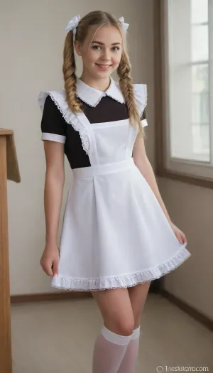 beautiful blonde 18 years old with long pigtails woman, white bows, black dress, white apron, soviet schoolgirl, white lingerie, white shoes, high heels, lewddungeon, rclassroom background, Cinematic, laughing, 4k epic detail, shot on kodak, 35mm photo, sharp focus, high budget, cinemascope, moody, epic, gorgeous, film grain, grainy, score_9, score_8_up, score_7_up, rating, suxl, <lora:suxl:.8>