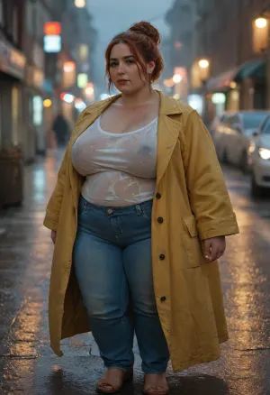 Beautiful Irish women, mature, 45 years old, ((full body photo)), ((chubby, bbw obese)), (thick thighs and wide hips), Firered hair, thick bun, bungs., ((Freckles on face)), Yellow rain coat. Under coat wearing shirt and tight jeans. Long eyelash. Busty lips, lipstick. Big city, on street, hard rain, night, dark scene, car lights wet clothes, wet hair, rain drops on skin, dramatic, <lora:MJ52:1.5>, <lora:SDXLHighDetail_v6-000005:.8>, <lora:CinematicStyle_v1:2>