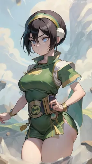 (masterpiece, best quality:1.2), lyco, (atla_tophbeifong-10:1), cowboy shot, solo, 1girl, Super thick and busty hourglass figure, toph beifong, blind, expressionless, fighting stance, short hair, hair bun, hairband, grey eyes, (little_girl), chinese clothes, <lora:atla_tophbeifong-10:.5>, <lora:TOPH-V2:.5>