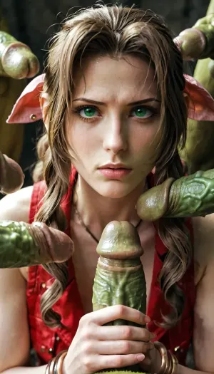 aerith, white skin, naked smooth skin, sad open eyes, glaring at penises, ashamed face, goblins are masturbating in front of Aerith's face, face closeup, intense, surrounded by evil green goblins, (goblins are masturbating and aiming their green penises at Aerith's face:1.2), a goblin face is grinning in the background, goblin massive thick veiny cocks, realistic, motion lines, dynamic, lots of action and energy, in a old prison