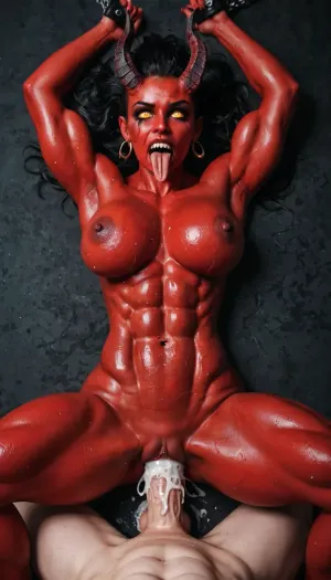 You're lying on your backin hell your legs held up and spread wide by the succubus standing over you, her deeply red coloered, crimson skin glistening with sweat and hellish energy. Her massive, veined breasts heave with each breath, her dark nipples hard and pointed. She's holding your legs above your head, her sharp, black talons digging into your calves, her tail coiled around your torso, the barbed stinger pressing against your stomach. You can see her vulva, a deep, velvety red, stretched wide as she lowers herself onto your erection, impaling herself completely, her inner muscles clenching and releasing, milking you with a fierce intensity. Her hips begin to move, rolling and grinding as she rides you, her body a grotesque, powerful machine of pleasure, her movements fluid and brutal. Her face, a twisted, demonic mask, is locked onto yours, her burning eyes holding your gaze, her jaws wide, rows of sharp teeth glistening, her forked tongue flicking out. Her horns cast eerie shadows, her wings stretched out wide, casting a dark shadow over both of you. You can see the way her body moves, the primal, relentless rhythm of her hips as she takes her pleasure, her muscles rippling and shifting beneath her glossy, black fur. Her eyes are locked onto yours, her gaze intense, her pleasure evident, her body using yours for her own dark desires, her movements never ceasing, her pleasure never ending, your body a plaything for her to use, your legs held captive by her powerful grip