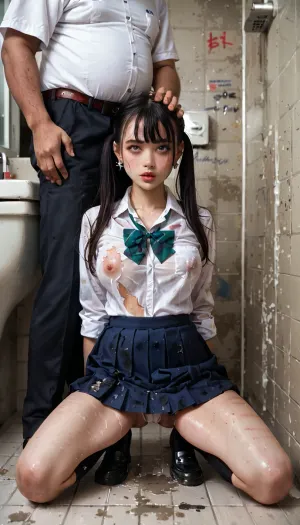 In a dirty and stinky public bathroom, a fat 80-year-old old man rapes an 18-year-old schoolgirl, busty schoolgirl with slim body, big buttocks, anorexic petite, small waist, big and round tits, diferent sexual poses, Open blouse, show gigant boobs, ultrarealistic photo, dressed in school uniform, dirty bathroom and garbage on the floor, massive cock, stained walls, low light, dramatic light, girl with bumps and scratches, cuts all over her body, short stature, short black hair, pigtails in her hair, ((the old man chokes the schoolgirl)), ((with his hand while pulling her hair hard, rough sex, anal sex diferent sexual poses, sexual hanging)), the schoolgirl screams and cries as she feels a huge cock enter her anus, rape, sexual abuse, humiliation, ahegao, violent sex, old man with a perverted face enjoys raping the schoolgirl, photo raw realism, photorealism, extremely perfect details, schoolgirl with a sculpture body, scratches