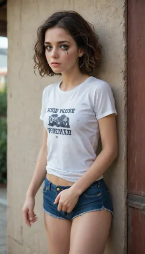 Very pretty 18 year old girl, cute, (crying, running mascara, visible pussy peeking out from shorts)