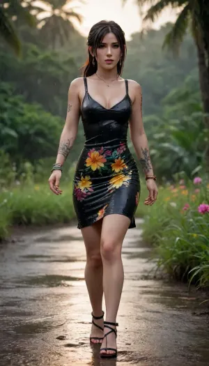 Tifa lockhart, bimbo, dark rown skin, miniskirt, summer dress, super fit, meadow, flowery meadow, flowers in hair, colorful bracelets, sunrise, freckles, big round earrings, jungle, rain, dance, perfect breast, golden tattoo on back, floral dress, black eyeshadow, black eyeliner, full back tattoo, perfect Fit, heavy Rain, wet, without shoes, open front dress, full body view