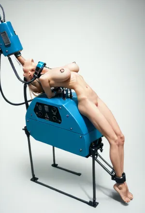 indoor, 1 adult woman, (side view:1.6), (full body view:1.6), ((woman lying on her back horizontally on high massive torture machine:2)), (very thick very small length throat:1.7), (((1 man fucking her throat very deep through mouth from behind:1.7))), (she swallows whole his penis to base:1.7), (hands restrained behind:1.5), (head thrown back and down over edge of torture machine:1.7), (her head very tilt down:1.7), (legs spread to sides:1.6), (her body restrained in torture machine:1.4), ((deepthroating:1.7)), (from behind:1.7), submissive whore, ((reverse fellatio through mouth to throat:1.6)), (throat bulging:1.7), (very beautiful woman:1.5), (21 years old model:1.5), (perfect:1.4), (slim:1.4), (slender:1.4), (nacked skinny low body:1.6), (small thin waist:1.5), (small very low pelvic:1.5), (wide shoulders:1.4), (visible wide rib cage:1.3), (very shapely skinny thin legs:1.5), (very beautifull smooth silky middle hair tilt down:1.5), (hair color light brown with a cream tint:1.4), (fake implanted large breasts:1.6), (boobs spread to sides:1.5), (dark datailed skin:1.4), (very gorgeous:1.5), (sexy:1.5), (very small areolas:1.2), (small erect nipples:1.2), (nipple piercings:1.4), (shaved pussy), (tattooed body:1.4), (tattoo:1.3), (barcode on boob:1.2), ((skinny fit beautiful low man standing on side of her head and inserted whole penis in her throat:1.7)), (bdsm room), (full length photo:1.3), <lora:Microwaist_XL_v01:.7>
