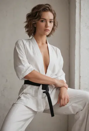 20 year old woman, tomboy, androgynous body, Very short Messy Chestnut Brown hair, Toned body, Caucasian with tanned skin, gentle fingers usually curled up in a fist, surprisingly strong arms, long legs, medium breasts, medium butt, wears a white karate kimono, black belt, white pants are already somewhat short