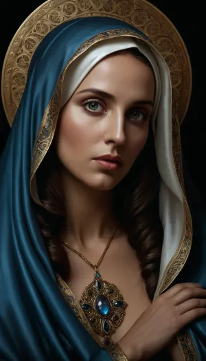 999940, the horny holy virgin Mary, airbrushed, beautiful facial features, hypnotic eyes, divine figure, full body, lots of detail, dark tones, ink, fantasy style, mixed media, vector graphics, high quality, high resolution, 64k, detailed rendering, hyperrealism, hyperdetailed