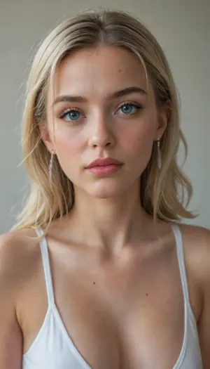 imagen hiperrealista de una mujer joven, ((que se vea todo el cuerpo)), hermosa figura, cintura delicada, piernas flacas, cola pequeña y redonda, pechos medianos duros
con cabello marrón claro con reflejos cobrizos y anaranjados. Su melena es ligeramente ondulada y cae de manera natural sobre sus hombros, con mechones sueltos que aportan un toque desenfadado y playero. Sus ojos son de un verde vibrante, expresivos y luminosos, reflejando la luz de manera realista.

Mandibula inferior prominente.

Su piel es ligeramente bronceada, con un brillo natural y sutiles pecas sobre sus mejillas y nariz. Su expresión es relajada y amigable, con una leve sonrisa en los labios. Tiene cejas bien definidas, gruesas pero armoniosas, enmarcando su mirada. Sus labios son carnosos y de un tono rosado natural., ((Se encuentra caminando desnuda en la playa junto a un hombre desnudo)), El escenario es una playa tropical, con arena clara y fina, agua cristalina de tonos turquesa y vegetación frondosa en el fondo.

1 hombre desnudo caminando