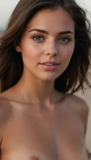 imagen hiperrealista de una mujer joven, ((que se vea todo el cuerpo)), hermosa figura, cintura delicada, piernas flacas, cola pequeña y redonda, pechos medianos duros
con cabello marrón claro con reflejos cobrizos y anaranjados. Su melena es ligeramente ondulada y cae de manera natural sobre sus hombros, con mechones sueltos que aportan un toque desenfadado y playero. Sus ojos son de un verde vibrante, expresivos y luminosos, reflejando la luz de manera realista.

Mandibula inferior prominente.

Su piel es ligeramente bronceada, con un brillo natural y sutiles pecas sobre sus mejillas y nariz. Su expresión es relajada y amigable, con una leve sonrisa en los labios. Tiene cejas bien definidas, gruesas pero armoniosas, enmarcando su mirada. Sus labios son carnosos y de un tono rosado natural., ((Se encuentra caminando desnuda en la playa junto a un hombre desnudo)), El escenario es una playa tropical, con arena clara y fina, agua cristalina de tonos turquesa y vegetación frondosa en el fondo.

1 hombre desnudo caminando