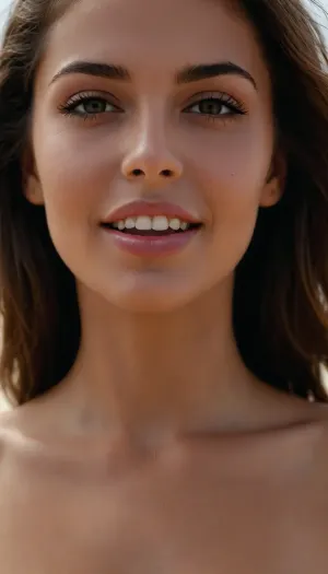 Crea una imagen hiperrealista de una mujer joven, ((que se vea todo el cuerpo)), hermosa figura, cintura delicada, piernas flacas, cola pequeña y redonda, pechos medianos duros
con cabello marrón claro con reflejos cobrizos y anaranjados. Su melena es ligeramente ondulada y cae de manera natural sobre sus hombros, con mechones sueltos que aportan un toque desenfadado y playero. Sus ojos son de un verde vibrante, expresivos y luminosos, reflejando la luz de manera realista.

Mandibula inferior prominente.

Su piel es ligeramente bronceada, con un brillo natural y sutiles pecas sobre sus mejillas y nariz. Su expresión es relajada y amigable, con una leve sonrisa en los labios. Tiene cejas bien definidas, gruesas pero armoniosas, enmarcando su mirada. Sus labios son carnosos y de un tono rosado natural., ((Se encuentra caminando desnuda en la playa junto a un hombre desnudo)), El escenario es una playa tropical, con arena clara y fina, agua cristalina de tonos turquesa y vegetación frondosa en el fondo.
