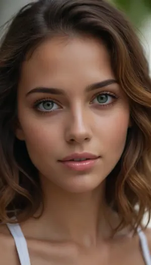 Crea una imagen hiperrealista de una mujer joven con cabello marrón claro con reflejos cobrizos y anaranjados. Su melena es ligeramente ondulada y cae de manera natural sobre sus hombros, con mechones sueltos que aportan un toque desenfadado y playero. Sus ojos son de un verde vibrante, expresivos y luminosos, reflejando la luz de manera realista.

Mandibula inferior prominente.

Su piel es ligeramente bronceada, con un brillo natural y sutiles pecas sobre sus mejillas y nariz. Su expresión es relajada y amigable, con una leve sonrisa en los labios. Tiene cejas bien definidas, gruesas pero armoniosas, enmarcando su mirada. Sus labios son carnosos y de un tono rosado natural.

De cuerpo entero, hermosa figura, cintura delicada, piernas flacas, cola pequeña y redonda, pechos medianos duros

El escenario es una playa tropical, con arena clara y fina, agua cristalina de tonos turquesa y vegetación frondosa en el fondo.