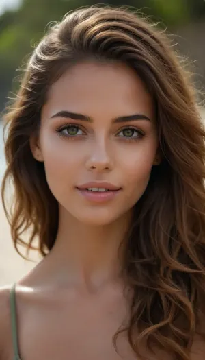 Crea una imagen hiperrealista de una mujer joven con cabello marrón claro con reflejos cobrizos y anaranjados. Su melena es ligeramente ondulada y cae de manera natural sobre sus hombros, con mechones sueltos que aportan un toque desenfadado y playero. Sus ojos son de un verde vibrante, expresivos y luminosos, reflejando la luz de manera realista.

Mandibula inferior prominente.

Su piel es ligeramente bronceada, con un brillo natural y sutiles pecas sobre sus mejillas y nariz. Su expresión es relajada y amigable, con una leve sonrisa en los labios. Tiene cejas bien definidas, gruesas pero armoniosas, enmarcando su mirada. Sus labios son carnosos y de un tono rosado natural.

De cuerpo entero, hermosa figura, cintura delicada, piernas flacas, cola pequeña y redonda, pechos medianos duros

El escenario es una playa tropical, con arena clara y fina, agua cristalina de tonos turquesa y vegetación frondosa en el fondo.