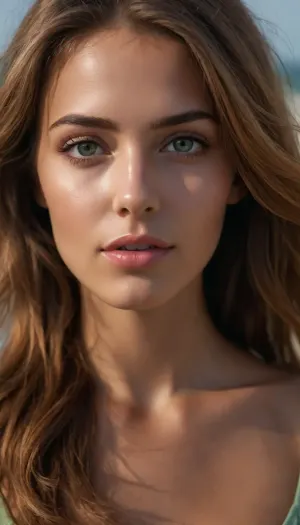 Crea una imagen hiperrealista de una mujer joven con cabello marrón claro con reflejos cobrizos y anaranjados. Su melena es ligeramente ondulada y cae de manera natural sobre sus hombros, con mechones sueltos que aportan un toque desenfadado y playero. Sus ojos son de un verde vibrante, expresivos y luminosos, reflejando la luz de manera realista.

Mandibula inferior prominente.

Su piel es ligeramente bronceada, con un brillo natural y sutiles pecas sobre sus mejillas y nariz. Su expresión es relajada y amigable, con una leve sonrisa en los labios. Tiene cejas bien definidas, gruesas pero armoniosas, enmarcando su mirada. Sus labios son carnosos y de un tono rosado natural.

De cuerpo entero, hermosa figura, cintura delicada, piernas flacas, cola pequeña y redonda, pechos medianos duros

El escenario es una playa tropical, con arena clara y fina, agua cristalina de tonos turquesa y vegetación frondosa en el fondo.