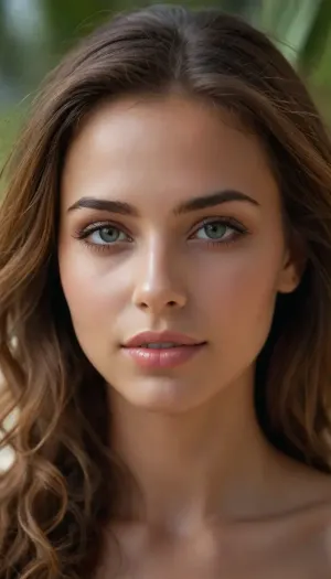 Crea una imagen hiperrealista de una mujer joven con cabello marrón claro con reflejos cobrizos y anaranjados. Su melena es ligeramente ondulada y cae de manera natural sobre sus hombros, con mechones sueltos que aportan un toque desenfadado y playero. Sus ojos son de un verde vibrante, expresivos y luminosos, reflejando la luz de manera realista.

Mandibula inferior prominente.

Su piel es ligeramente bronceada, con un brillo natural y sutiles pecas sobre sus mejillas y nariz. Su expresión es relajada y amigable, con una leve sonrisa en los labios. Tiene cejas bien definidas, gruesas pero armoniosas, enmarcando su mirada. Sus labios son carnosos y de un tono rosado natural.

De cuerpo entero, hermosa figura, cintura delicada, piernas flacas, cola pequeña y redonda, pechos medianos duros

El escenario es una playa tropical, con arena clara y fina, agua cristalina de tonos turquesa y vegetación frondosa en el fondo.