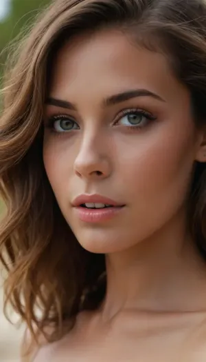 Crea una imagen hiperrealista de una mujer joven con cabello marrón claro con reflejos cobrizos y anaranjados. Su melena es ligeramente ondulada y cae de manera natural sobre sus hombros, con mechones sueltos que aportan un toque desenfadado y playero. Sus ojos son de un verde vibrante, expresivos y luminosos, reflejando la luz de manera realista.

Mandibula inferior prominente.

Su piel es ligeramente bronceada, con un brillo natural y sutiles pecas sobre sus mejillas y nariz. Su expresión es relajada y amigable, con una leve sonrisa en los labios. Tiene cejas bien definidas, gruesas pero armoniosas, enmarcando su mirada. Sus labios son carnosos y de un tono rosado natural.

De cuerpo entero, hermosa figura, cintura delicada, piernas flacas, cola pequeña y redonda, pechos medianos duros

El escenario es una playa tropical, con arena clara y fina, agua cristalina de tonos turquesa y vegetación frondosa en el fondo.