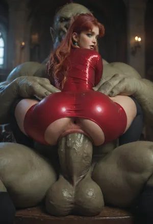 (Starfire), (wearing a tight red velvet dress, a tight long velvet dress, black socks), a tight velvet dress with high sleeves, black socks., (extreme anus sex), (huge troll monster cock), front view