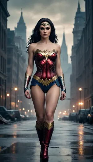 Gothic naked superherl against the backdrop of Gothic Star City, Gothic Style, Wonder Woman, Ghotic Star City, Victorian Era