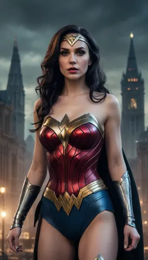 Gothic superherl against the backdrop of Gothic Star City, Gothic Style, Wonder Woman, Ghotic Star City, Victorian Era