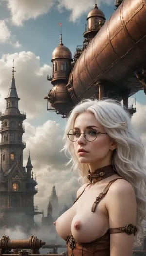 An image of a complex steampunk city with towering towers adorned with brass gears, steam engines, and pipes. In a close-up, a Victorian airship floats in the clouds, while a beautiful young naked woman with white hair and copper-rimmed glasses gazes thoughtfully at the horizon in the foreground. Detailed metal textures and steam are present. The color palette is dark and warm, with skillful lighting and shadow distribution.