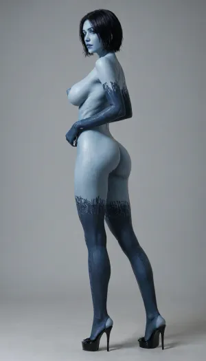 blue skin, blue hair, Cortana from Halo, Cortana robotized, robot Cortana, all shiny Cortana, big breasts, all of her body is shiny metallic, having naked pussy who squirting, very high platform heels, sultry look, in one shoe, without shoes, in high heels, barefoot, swollen anus, leaking pussy, very long legs, narrow hips, narrow calves, swollen labia, upset mind, trembling, a scared expression on her face, gloves pulled up to her elbows, garter, standing, full body view, side view, rear view, shows ass