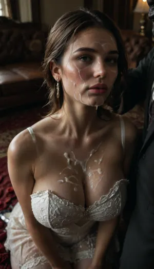 (huge massive bukkake face:1.9), (2 black skin brute in background sits on the sofa:1.3), (man and woman's face full of thick sticky cum facial:1.9), A romantic Iranian wedding scene under a spotlight, the bride and groom share a passionate kiss. The bride is wearing a stunning, sensual white wedding outfit, a deep V-neck bridal dress with a short, shiny satin skirt, sheer white stockings, and an elegant white garter belt. Her outfit is both classy and irresistibly attractive, with delicate lace details and high heels. The groom is in a sharp, tailored black suit and white shirt, looking at her with deep affection. The background is softly lit, with rose petals falling, creating a dreamy, cinematic mood., reij-snrs, light, and, shadow, by, <lora:dark:.4>, <lora:sunriseSDXL-000009:.6>, <lora:dAIversityUnderstandingXLRealistic:1.1>