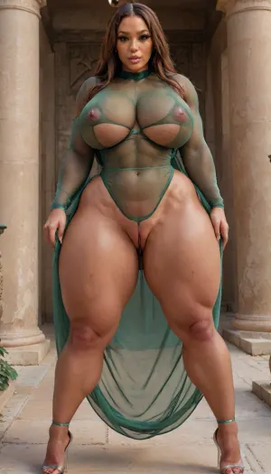 ((egyptian temple)), theme green and gold, brunette long hair, big ass, lace stockings with wide elastic on thighs, tight clothes, fit mulatto, muscles, high resolution, narrow waist, (tall young milf with luscious hair, hourglass figure, big ass, big saggy boobs), (((see-through, net-like, long robe))), posing at 3/4 angle to camera, flat, chest, big, boobs, huge, gigantic, small, hips, thighs, wide, fat, chubby, belly, muscular, feminine, arms, extra, abs, Translated with DeepL.com, (free version), <lora:Venus_Body_Alpha:.4>, muscle_bimbo, <lora:Muscle_Bimbo_SDXL:.8>, RealBlackFFStocking, <lora:RealBlackFFStocking_XL:.8>