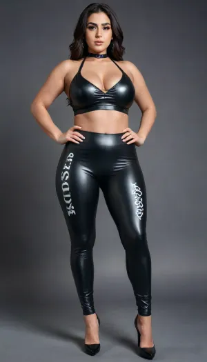 Cropped halter top with chest cut-outs in deep black, paired with tight high-gloss faux leather leggings. super busty curvy iranian young girl, 19 years old, The elastic waistband has the BLKD logo in bold black lettering. She wears sleek black heels... The 'Q' and 'S' tattoo in Black Spades style is on her lower hip, visible with her pose. A black spade anklet sways lightly on her ankle, ac_neg1, <lora:xl_more_art-full_v1:1.1>, <lora:milkers_v2:1.3>