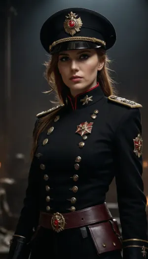 Female Commissar from Warhammer 40, 000, wearing a dark military uniform with imperial insignia, stern and commanding expression, futuristic dystopian war environment, detailed armor, dramatic lighting, gritty and realistic style