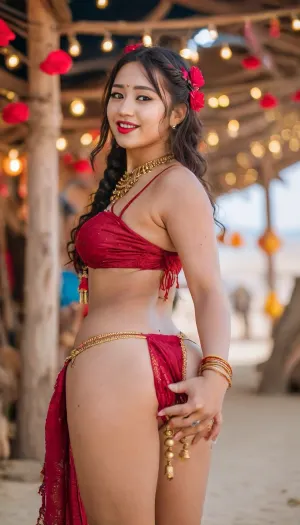 8k UHD, masterpiece, (tanned naked 18 year old Chinese girl is bent over showing her naked butt and shaved pussy at the burning man festival), very beautiful face, she is smiling and laughing with joy, very long curly wild hair in pigtails, voluptuous curvy body, deep seamless tan, naked shaved pussy, large tan breasts with large pink areolas, its nighttime, she is standing by a bonfire with tiki torches and strings of lanterns, she is wearing a garland of dark red flowers around her waist, she is wearing a dark red sheer Desi Style Saree, she wears a choker neckless made of dark red flowers, she has dark red flowers in her hair, bracelets of dark red flowers, bohemian Gold belly-dancer Hip chain with dark red fringe and strings of small bells, she is wearing a gold belly-dancer waist chain with strings of tiny gold bells, she is covered in bohemian gold Gypsy jewelry, red lipstick, bold black eyeliner, _jbright__, Saree, Indian, do, you, like, my, bum, <lora:MJ52:2>, <lora:_jbright__-000040:1.3>, <lora:XLSarees1:.1>, <lora:doyoulikemybum:2>, <lora:rearpussy-xl-1.0:2>