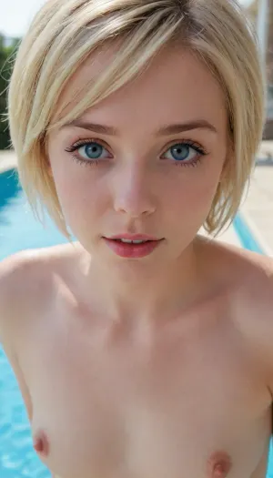 (Intricately detailed), 4K, (UHD), (HDR), poolside, (small frame 18yo, cute young adult, flat chested, nude, innocent face, young face, (makeup), gorgeous soft blonde short hair, blue eyes, close up, pale skin, very bright lighting, hard puffy nipples, focus face and male flat chested tits, sexy face, happy, excited eyes), flat, chested, <lora:flat_chested_v3.5:.8>