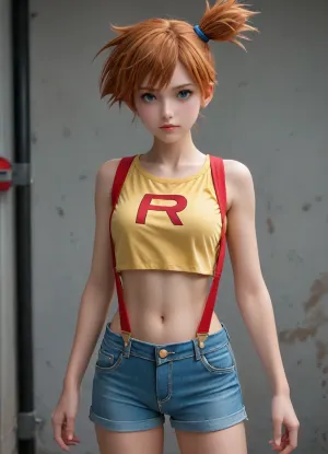 Misty Team Rocket pokemon, boobs, scratched clothes, misty_\, (pokemon\), side_ponytail, navel, suspenders, denim_shorts, midriff, poke_ball_\, (basic\), bare_shoulders, short_shorts, <lora:misty_(pokemon):.8>