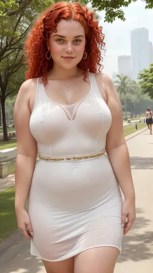 A corpulent 20-year-old woman with bright red curls stands in the blazing midday sun of a city park, her sleeveless summer dress clinging to her sweating skin as she wipes the shimmering sweat from her forehead with one hand and lifts the hem of her steaming dress from her thigh with the other, close-up with visible beads of sweat on reddened cheeks, shimmering heat over the asphalt and a warm, humid haze in the air.