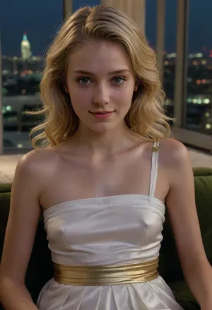 1 girl, white skin, Scottish, sharp nose, high cheekbones, green eyes, (sitting on a couch), very cute, happy smiling face, (blonde hair), long wavy hair, (hair parted to one side), skinny, short waist, petite, (wearing a sheer white silk toga fastened with a golden clasp on 1 shoulder), in an extravagant penthouse, marble floors and decorations, couches, chairs, windows looking over a city skyline, midnight, stars, moonlight, high quality photography, realism, high resolution, braless, Wearing, clothes, that, make, sense, with, Braless>, <lora:ahxl_v1:.8>, <lora:bralessSDXL_v1_00022:.8>