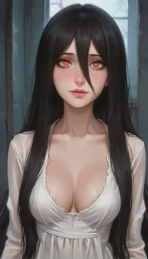 score_9, score_8_up, score_7_up, score_6_up, aroma, ((Anime Style:1)), (((Sadako Yamamura))), 1girl, solo, long hair, black hair, very long hair, (mess hair), torn clothes, impossible clothes, hair over eyes, torn dress, grey skin, impossible dress, yamamura sadako, hair over one eye, (((yandere, psychosis, possession, dangerous, crazy))), blush, (heavy breathing), steam, (bags under eyes), night, television, sweat, head tilt, smile, (wavy mouth), cleavage, (huge veiny breasts, saggy), ((close up)), (night, dark room), (red glowing eyes), on all four, crawl forward, glitches, lean forward, (gothic style, dark theme, low light, cold colors, nightmare), style anime, inspired illustration, ratatatat74, <lora:ratatatat74-000050:.6>, <lora:outline_xl_kohaku_delta_spv5x:1.4>, <lora:cartoon_stickers_xl_v1:.5>, <lora:NEOTOKIOXL_0.2_RC:.4>, <lora:AshMilkshake_Illustrious_v1:1.5>