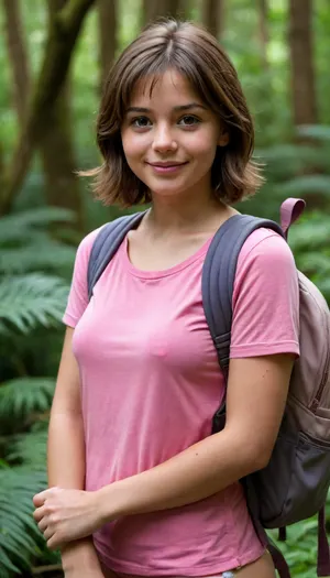 girl, Dora the explorer, (((in very sexual erotic model pose))), brown short hair, short ponytail, full body, (((long distance view))), (((full body view))), (((high detailed legs))), (((high detailed fingers))), ((very much want have sex)), ((European British Scandinavian)), 21 years old, well-build body, medium tits, small lips, lots of freckles face and skin, blush on the checks and nose, (raised nasal tip, upturned button nose, upturned nose, delicate nose, nose), loving grey eyes, brown wild wet hair with sidelocks, very sexy smile, wearing pink rucksack, rainforest, Dora, brown, eyes, dark-skinned, female, tan, bob, cut