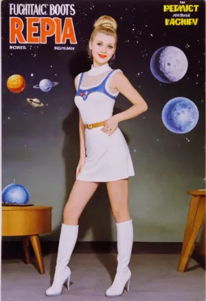 magazine white cover, bright, fantastic, stars, moons, space, comets, aliens, monsters, retrofiturism, 8k, UHD, retro, widely, smiling, russian blonde, magazine cover, petite body, hair bun, beautiful blonde 18 years old with petite woman, posing, white tight dress, white high boots, high heels, poster, VintageMagStyle, hhpointedboots, boots, repa, funtika, style, of, kachanov, soviet, cartoon, <lora:206390_training_data:.8>, <lora:SDXL-VintageMagStyle-Lora:.7>, <lora:Old_Sci-fi-SDXL:.8>, <lora:993503_training_data:1.6>, <lora:kachanov_style:1.8>
