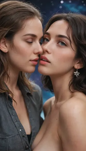lesbian couple cum swapping, big spaceship illuminator background, stars, nebula