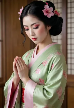 Japanese geisha, light-skinned, asian features, (geisha makeup on face), long black hair, (wooden hair ornaments with pink flowers), (light sage green kimono with white/light green swirling pattern), (red accents on the obi), hands clasped in prayer, expression of contemplation or gentle supplication, soft lighting