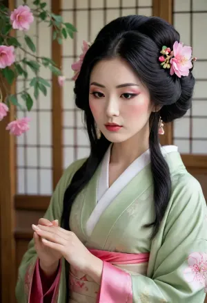 Japanese geisha, light-skinned, asian features, (geisha makeup on face), long black hair, (wooden hair ornaments with pink flowers), (light sage green kimono with white/light green swirling pattern), (red accents on the obi), hands clasped in prayer, expression of contemplation or gentle supplication, soft lighting