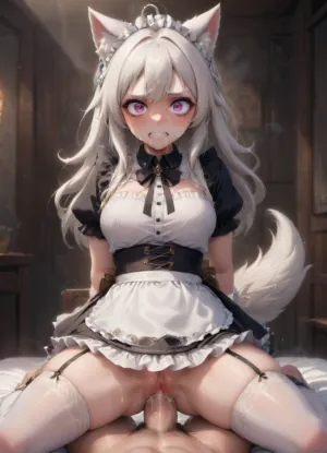 1 wolf girl, solo, wolf ears, wolf tail, cowgirl position, anal sex, front view, long white hair, big boobs, scared face, clenched teeth, eyes wide open, panties pulled down, maid uniform, stockings, wrist cuffs, cum, lots of cum, cum on face, cum on boobs, cum on body, skin covered in cum, cum on hair, thick cock, hairy balls, hands tied behind back, riding