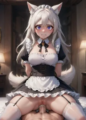 1 wolf girl, solo, wolf ears, wolf tail, cowgirl position, anal sex, front view, long white hair, big boobs, scared face, clenched teeth, eyes wide open, panties pulled down, maid uniform, stockings, wrist cuffs, cum, lots of cum, cum on face, cum on boobs, cum on body, skin covered in cum, cum on hair, thick cock, hairy balls, hands tied behind back, riding