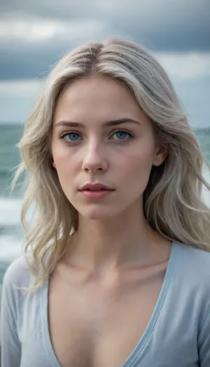 A young woman, likely in her late teens or early twenties, with pale skin exhibiting deep, prominent cracks resembling weathered stone. Her eyes, a striking light blue, are wide open, conveying a thoughtful, almost melancholy expression. She appears serene despite the rugged, almost otherworldly quality of her face. Her lips are a soft, light pink, subtly accentuated. Long, wavy, light gray hair frames her face. She is wearing no visible jewelry or accessories. The woman's pose is contemplative, her head slightly turned, her gaze directed towards the distant horizon. The environment is a vast, turbulent ocean. Large, powerful waves crash against the foreground, creating dynamic movement. A sailboat, dark blue with a large white sail, is visible in the mid-ground, sailing towards the horizon. Deep blues and grays dominate the water's color palette, with hints of white from the waves and sail. The sky is a mix of light blue and scattered white clouds, lending a sense of vastness and serenity. Light source is diffuse, creating soft highlights on the woman's face, and the clouds. The texture of the cracked stone-like skin is contrasted with the smooth, glistening water. The perspective is from a slightly elevated viewpoint, offering a wide vista of the sea and the horizon. The style is surreal, blending elements of portraiture and fantasy art. A sense of melancholic beauty and vulnerability is evoked by the imagery. The composition is meticulously balanced, with the woman acting as the focal point, drawing the eye to the scene. The mood is serene yet suggestive of a profound emotional state.
